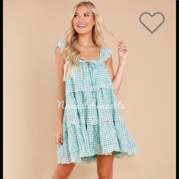 **SOLD***🌻NWOT🌻 Just Me Medium Flowy Green Gingham Embroidered Babydoll Mini - Picture 4 of 17